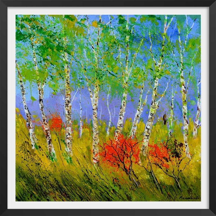 Affiche  bouleaux et coquelicots Affiche sous cadre noir