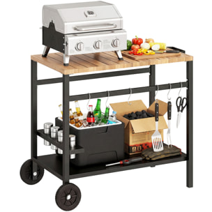 Carrito de Barbacoa de 2 Niveles Mesa Auxiliar para Barbacoa Móvil con Ruedas Portabebidas Ganchos Asa Encimera Imitación madera Mesa de Horno de Pizza para Exterior Negro y Marrón