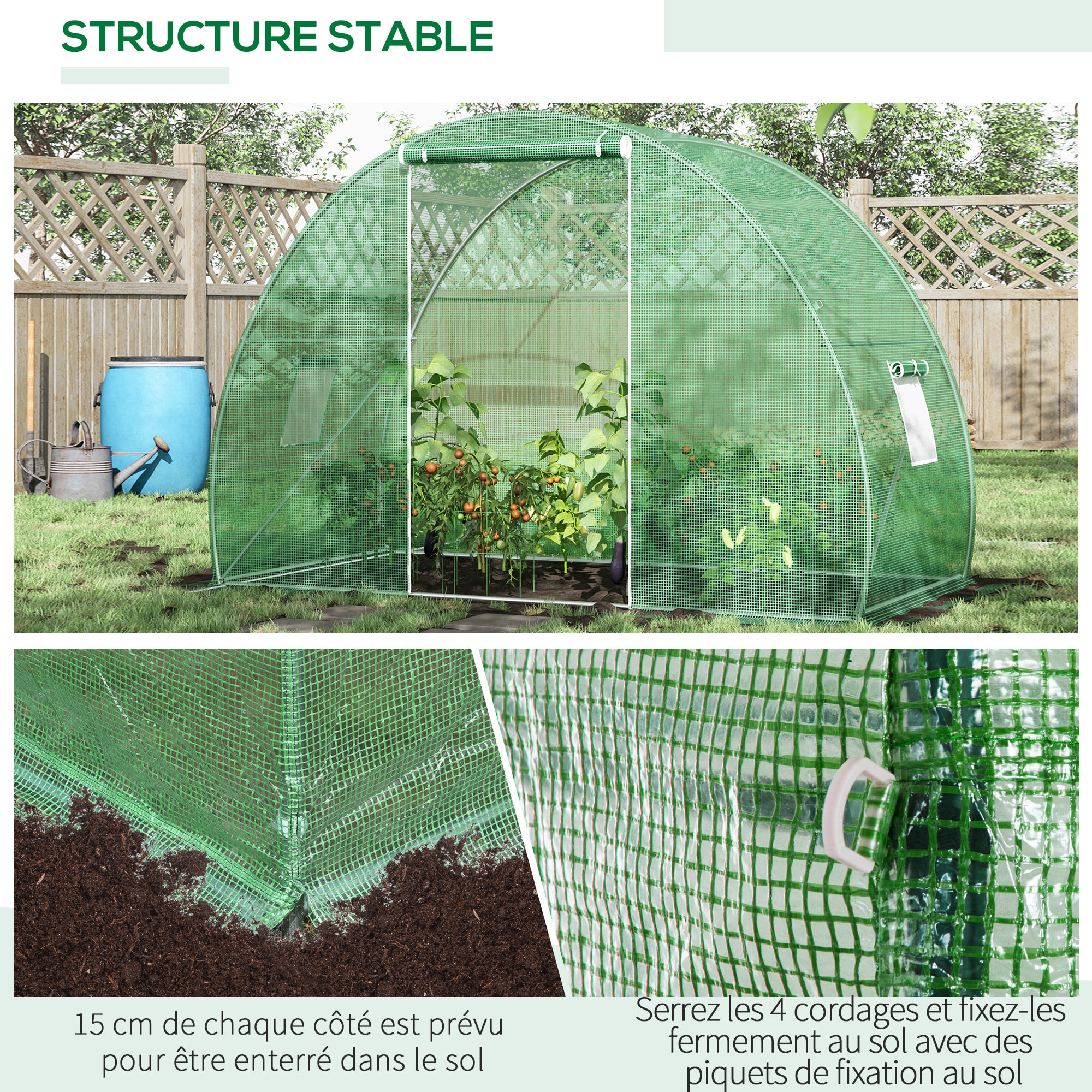 Serre de jardin tunnel surface sol 4,5 m² dim. 3L x 1,5l x 2H m châssis tubulaire renforcé porte zippée 2 fenêtres enroulables vert