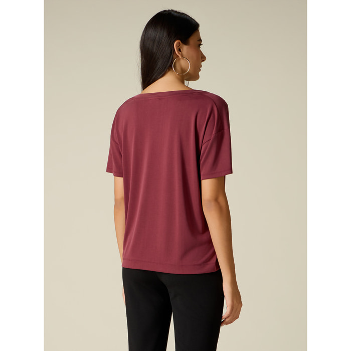 Oltre - T-shirt misto modal con scollo a V - Bordeaux