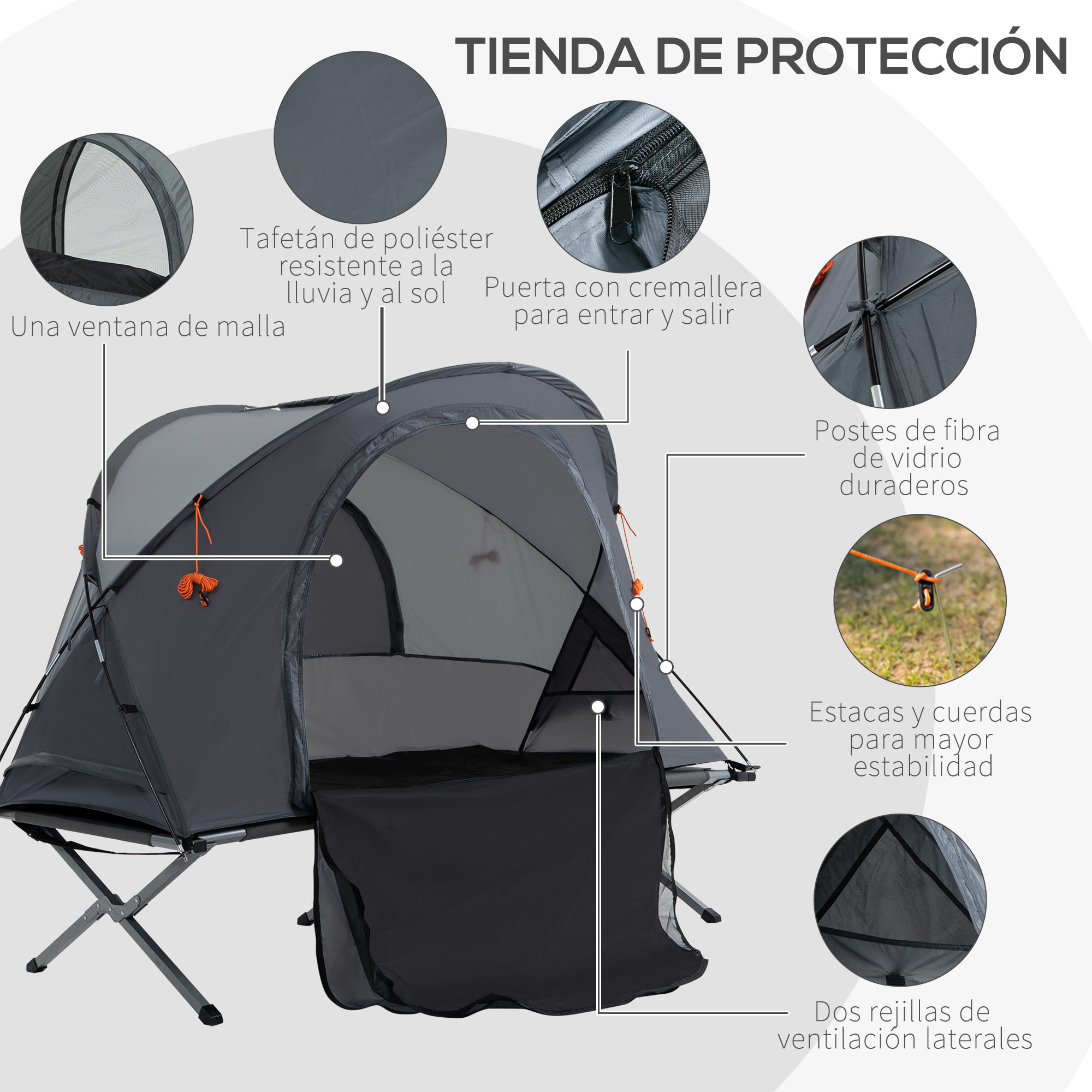 Cama de Camping con Tienda 3 en 1 Tienda de Campaña Elevada con Tienda Cama Colchón Hinchable y Bolsa de Transporte para Senderismo 200x86x147 cm Gris