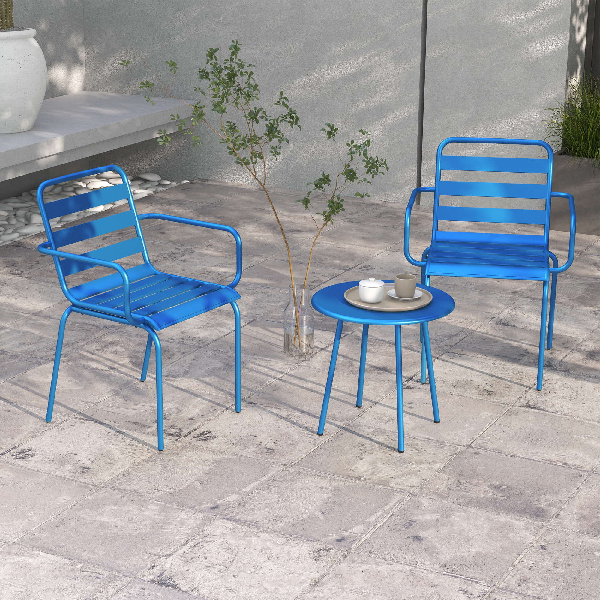 Salon de jardin bistro - table basse ronde Ø 60 cm 2 chaises empilables - acier thermolaqué bleu