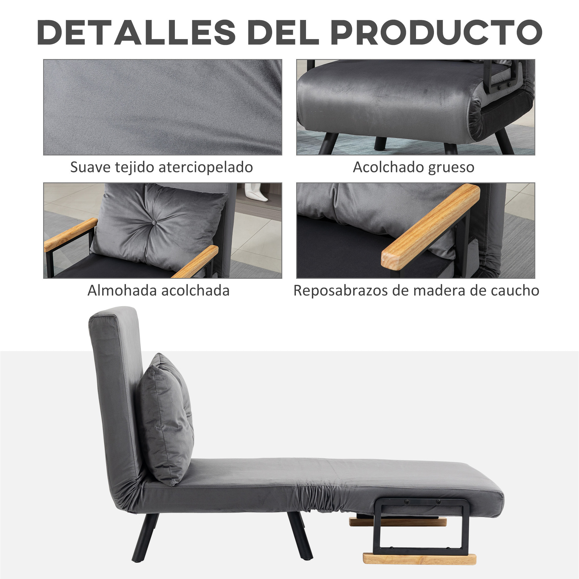 Sofá Cama Individual Plegable Silla Cama Convertible 3 en 1 con Respaldo Ajustable de 5 Niveles y Almohada Acolchada para Oficina Dormitorio Salón Carga 120 kg 63x73x81 cm Gris