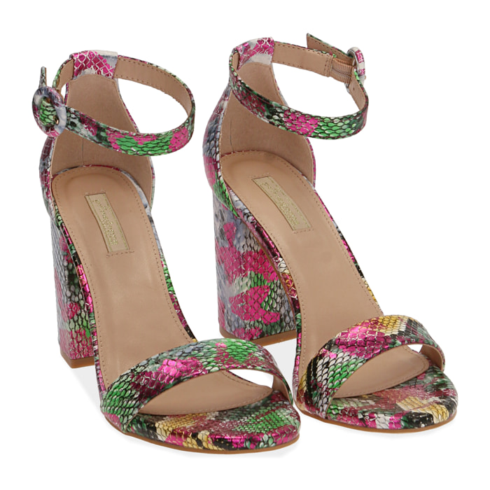 Sandalias estampado pitón multicolor, tacón 9 cm