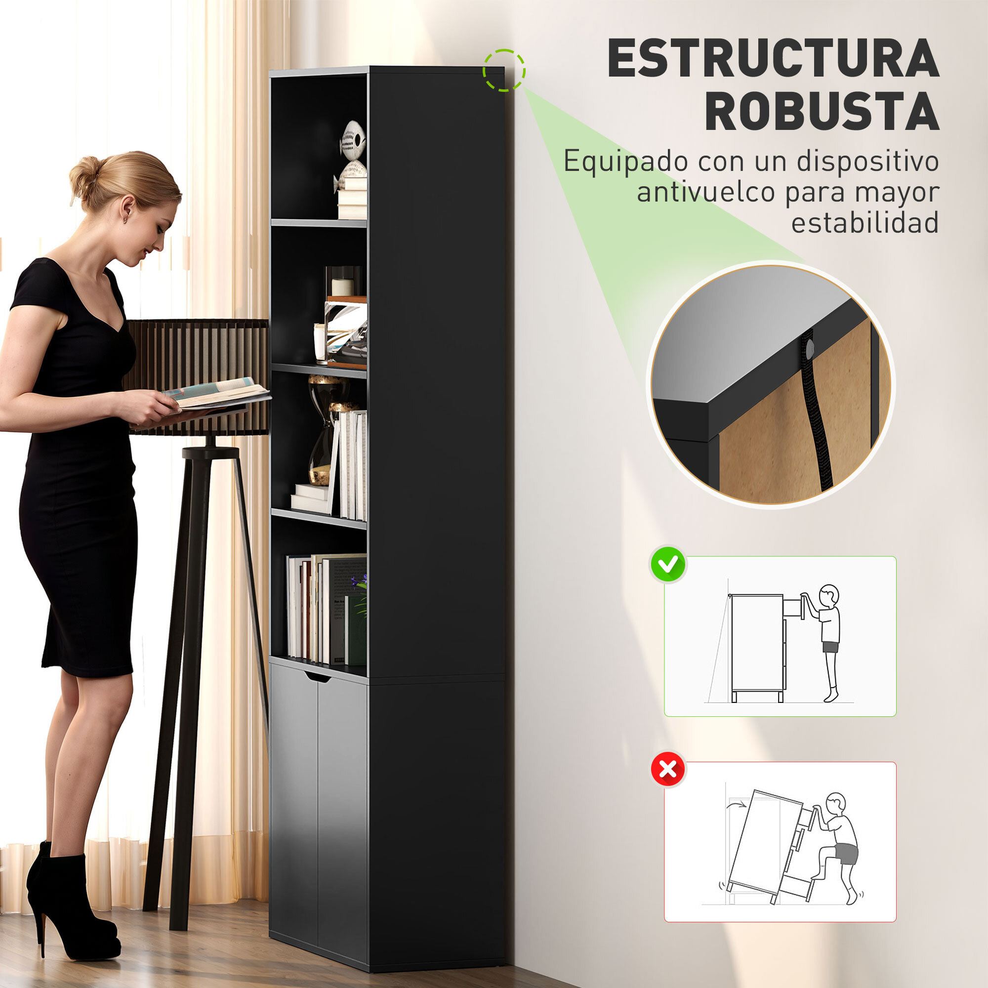 Estantería para Libros de 6 Niveles, Librería con 2 Puertas, 4 Estantes Abiertos, Armario Alto para Salón, Estudio, Oficina, 59x29x180 cm, Negro
