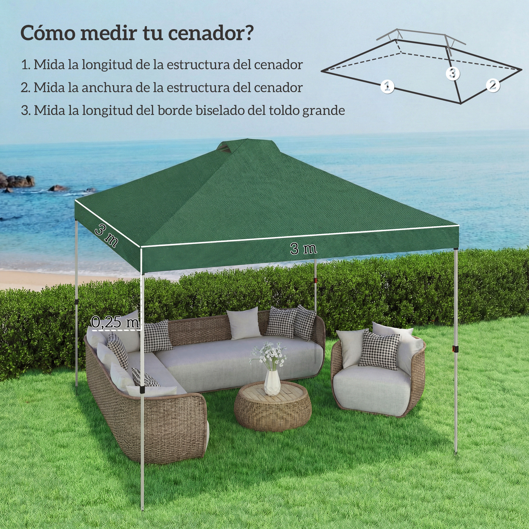 Toldo de Pérgola de Recambio 3x3 m Techo de Repuesto para Carpa Plegable de Jardín de Tela Oxford 210D con 8 Orificios de Drenaje y Doble Ventilación Protección UV 50+ SOLO TOLDO Verde