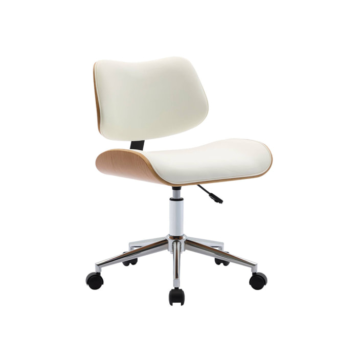 Chaise de bureau à roulettes décor bois courbé placage effet chêne et simili cuir blanc