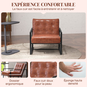 Fauteuil lounge style Chesterfield effet capitonné métal noir revêtement synthétique marron fauve