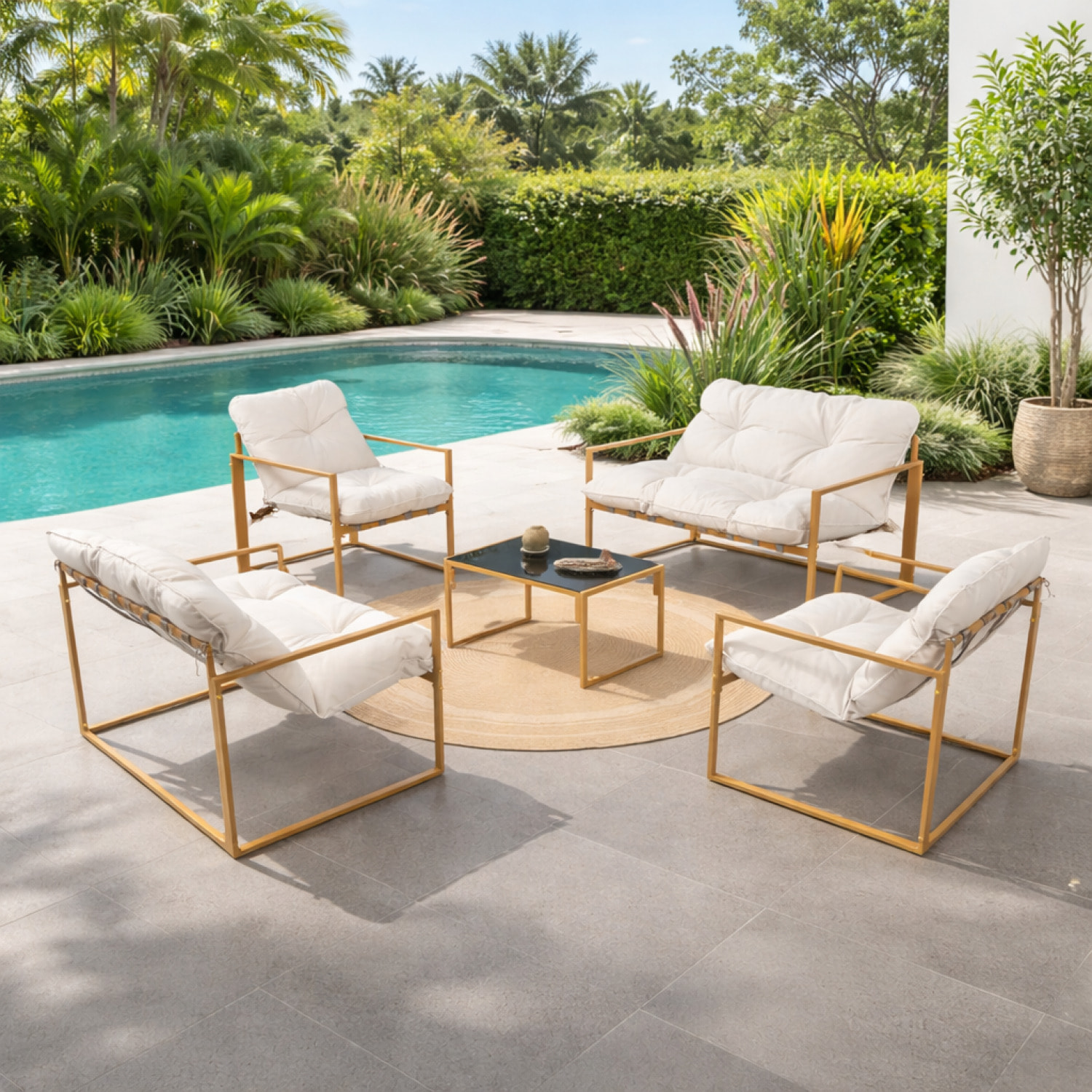 Salon de jardin 6 places contemporain marron et coussins beiges LANA