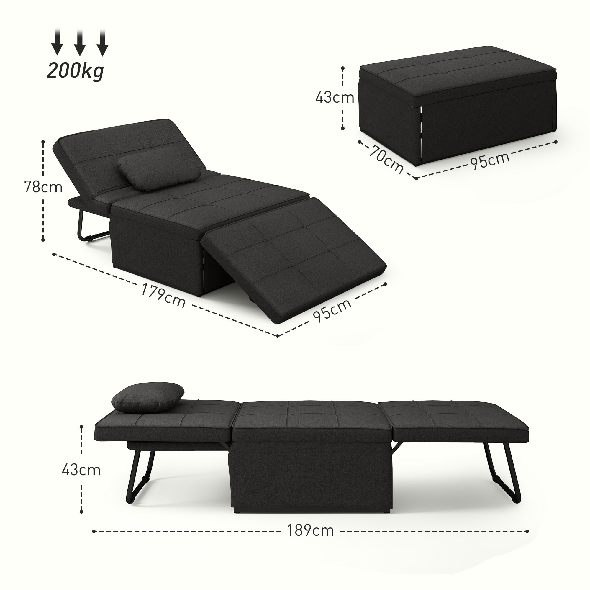 Sofá Cama Plegable 3 en 1 Sofá Cama de 1 Plaza Tapizado en Lino Sofá Cama Convertible con Respaldo Ajustable en 5 Posiciones Reposapiés y Reposacabezas Carga 200 kg Negro