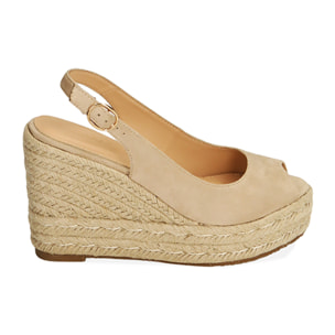 Sandalias de microfibra beige, cuña 10,5 cm