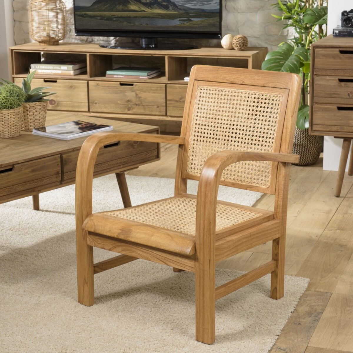 DAK - Fauteuil marron clair Mindi et cannage