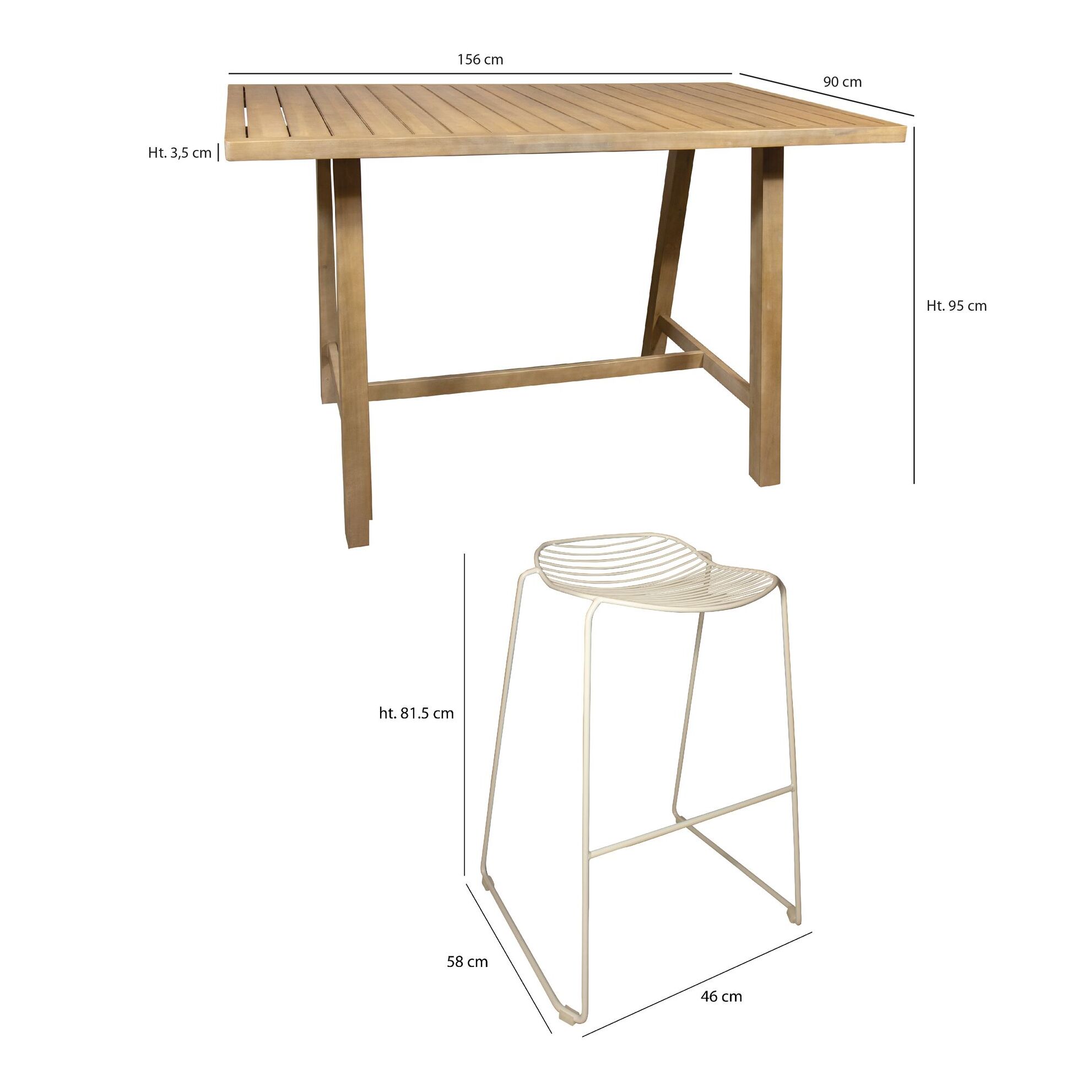 ENSEMBLE DE JARDIN TABLE BAR EN ACACIA 160CM 4 CHAISES DE BAR  SAOAUS