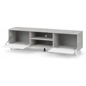 Mobile TV Moderno Con 2 Ante Battenti Ripiani Centrali Aperti Gambe Design Per Televisori fino a 75” 180 x 39,6 x 49 Cm Grigio Cemento E Bianco