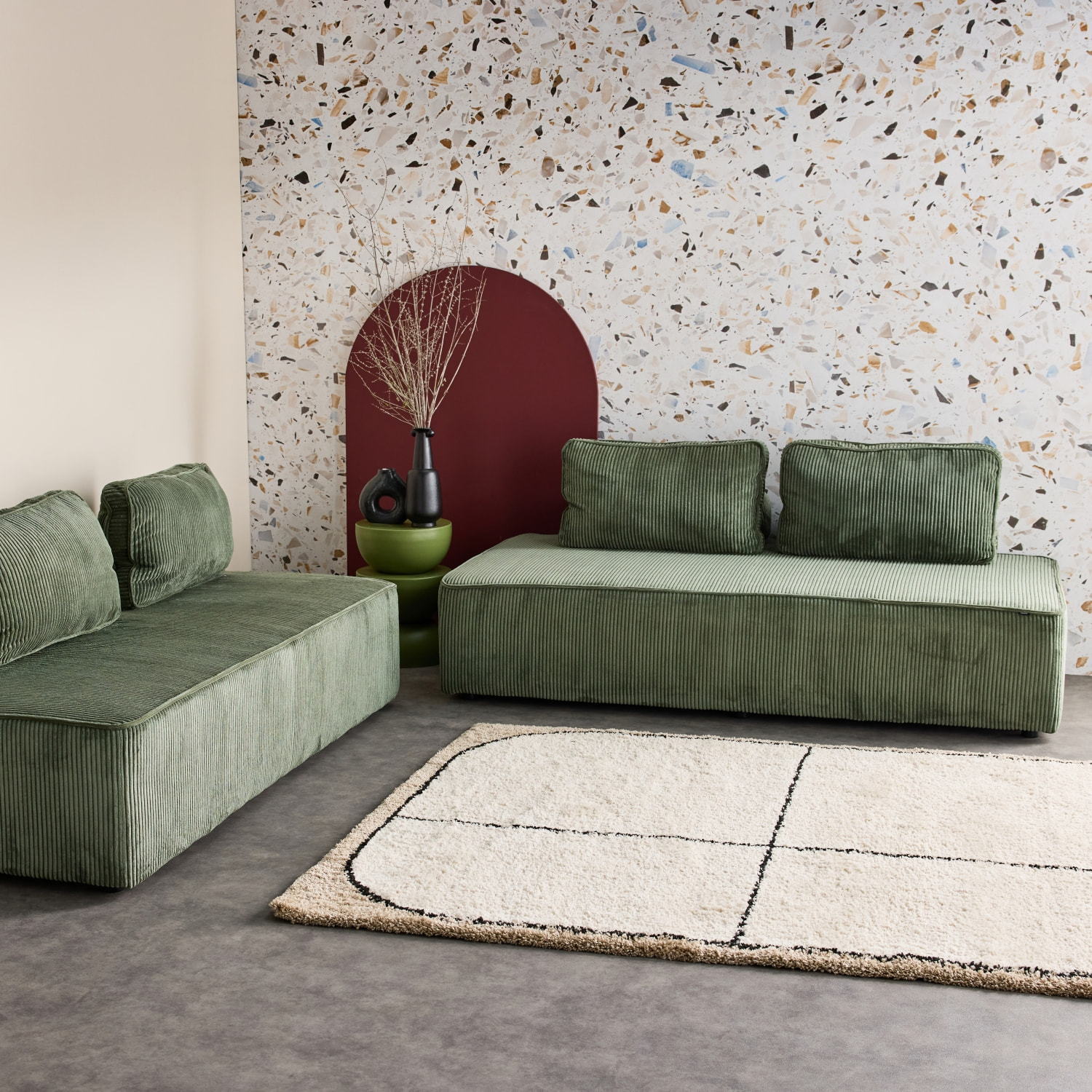 Lot de 2 chauffeuses LAO 2 places pour canapé modulable velours côtelé vert. L 180 x P 90 x H 78cm