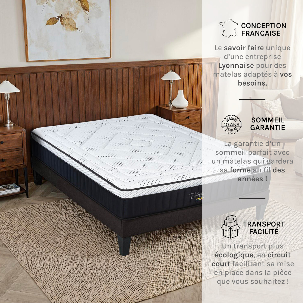 Ensemble Matelas Célestin & Sommier KIT15, 29 cm, Mémoire de Forme et Mousse Supersoft, Technologie tri-Lattes, Soutien Ferme