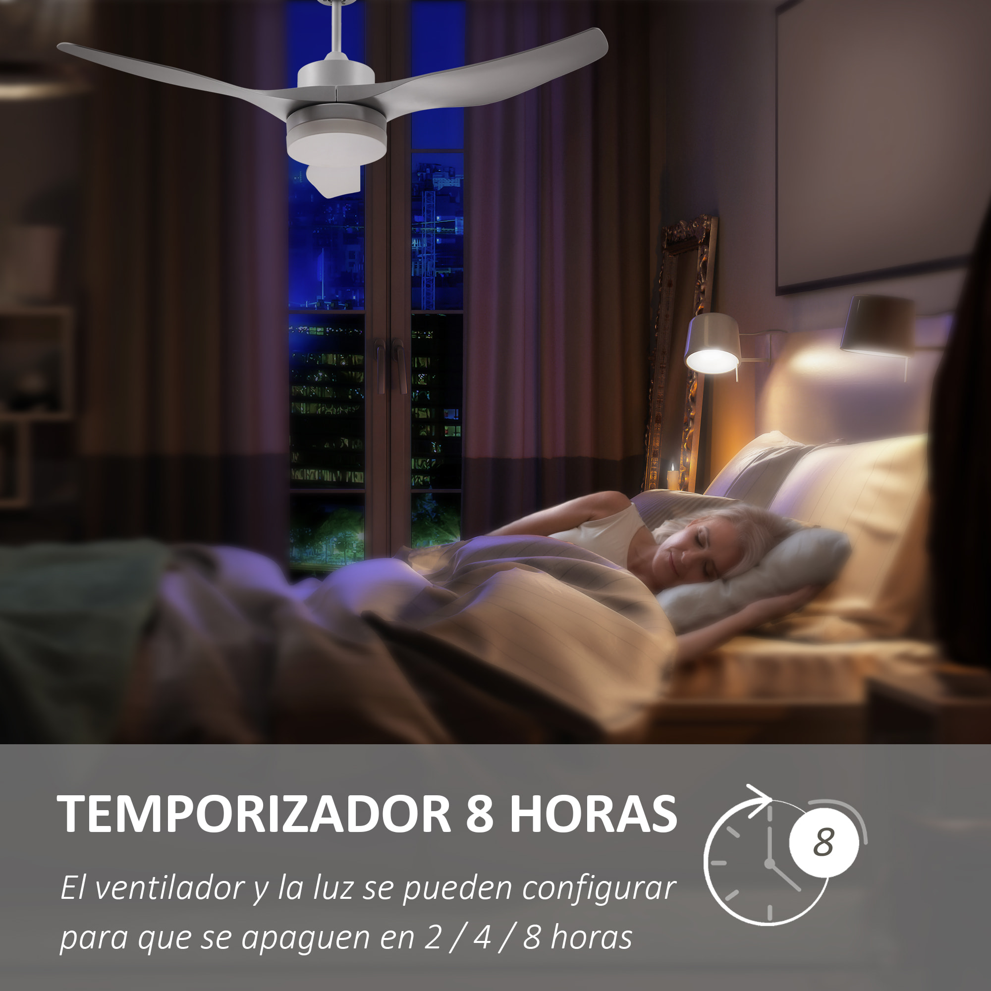 HOMCOM Ventilador de Techo Motor DC 20,5W Diámetro 132 cm con Mando a Distancia Luz LED Ajustable de 3 Niveles 3 Aspas Reversibles 6 Velocidades y Temporizador para Dormitorio Salón Acero