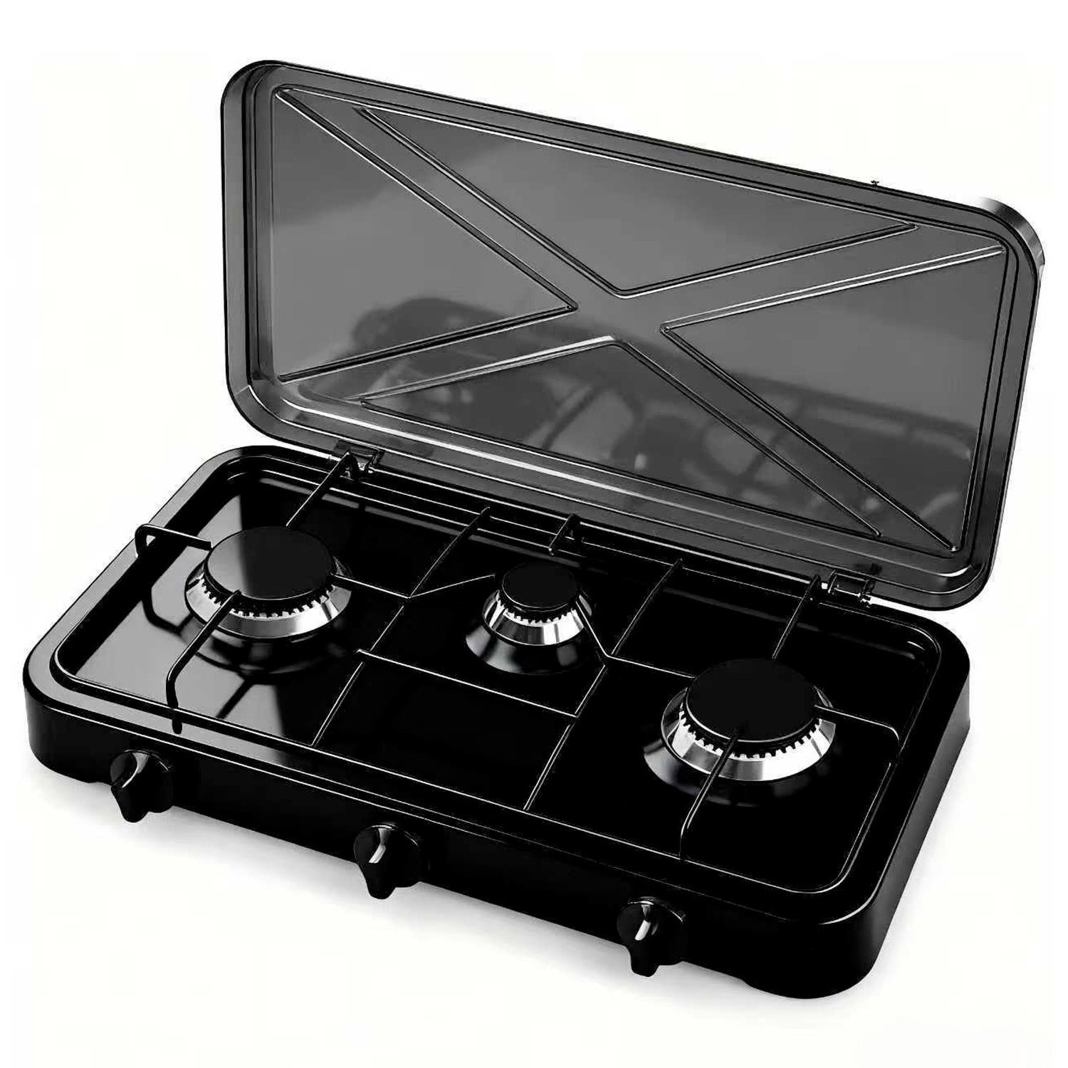 Fornello A Gas Portatile 2 Fuochi con Coperchio Piano Cottura Campeggio GPL Gas Naturale Fornello da Camping In Acciaio Con Griglie Smaltate