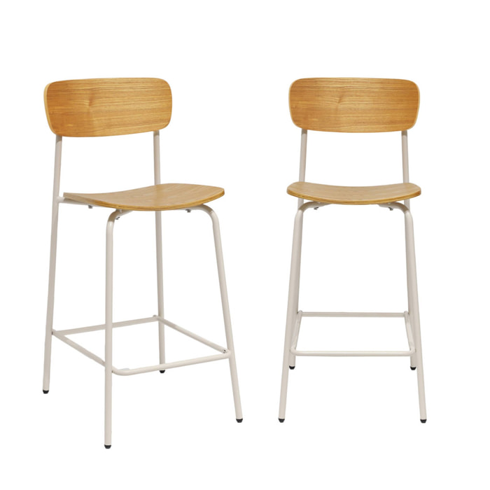 Lot de 2 tabourets de bar vintage contreplaqué avec placage bois effet frêne et pieds métal beige L 42.5 x P 50 x H 94cm - Toby