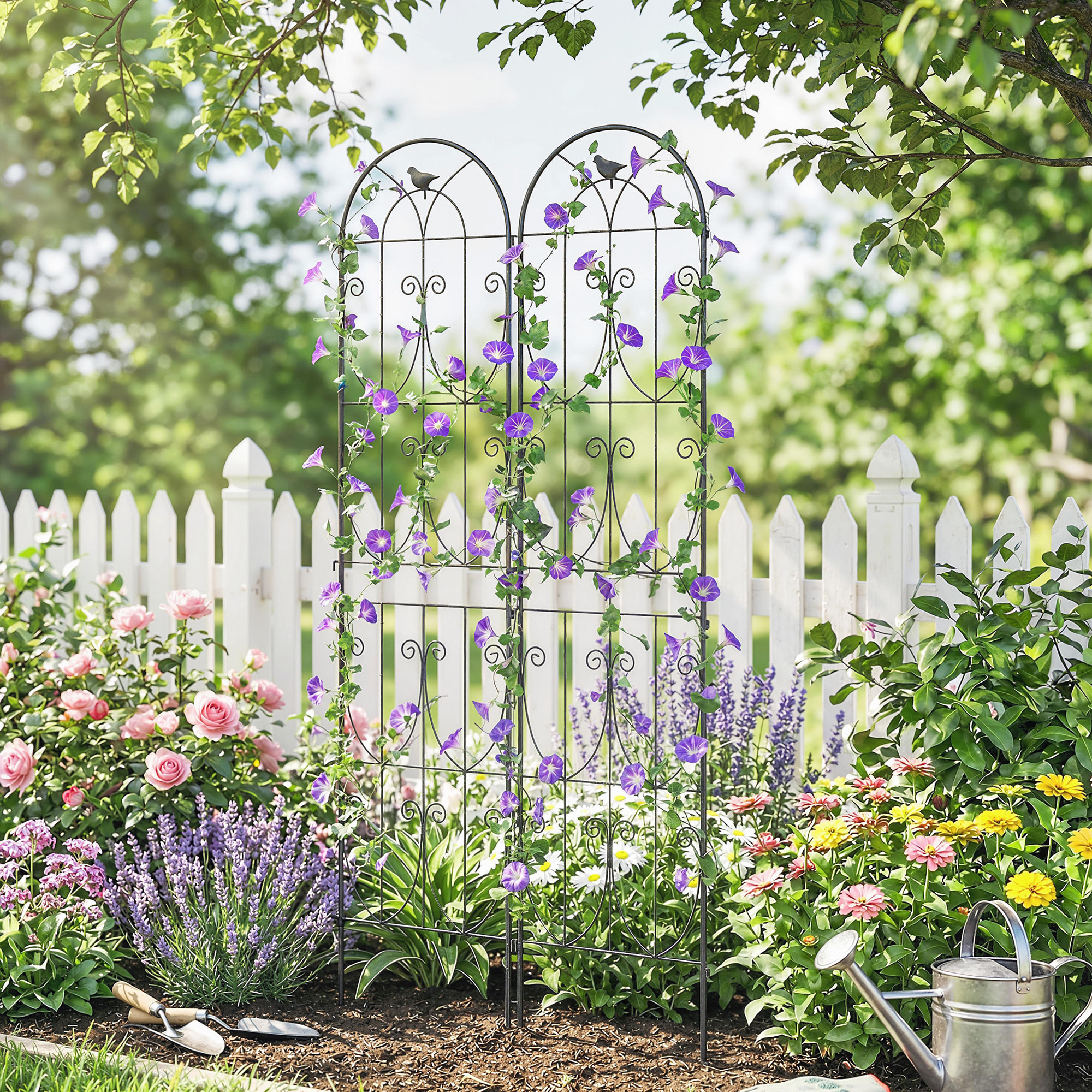 Treillis de jardin effet fer forgé oiseau - 2 supports plantes grimpantes - 50 x 220 cm - métal époxy noir