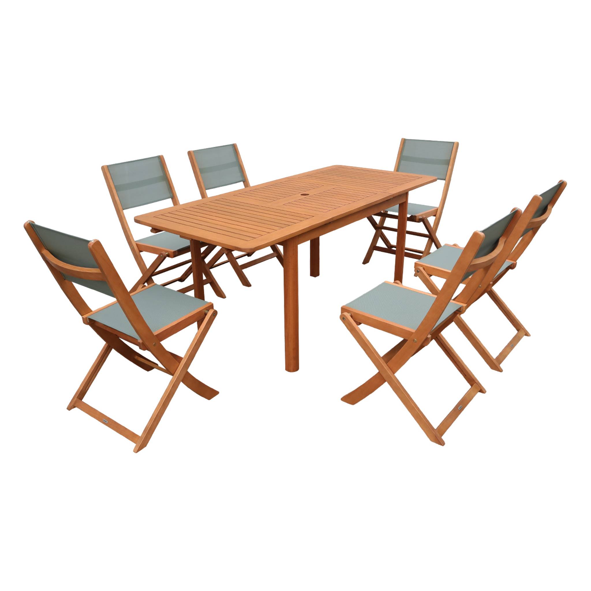 Table de jardin extensible bois d'eucalyptus + 6 assises ARBO + ALMERIA
