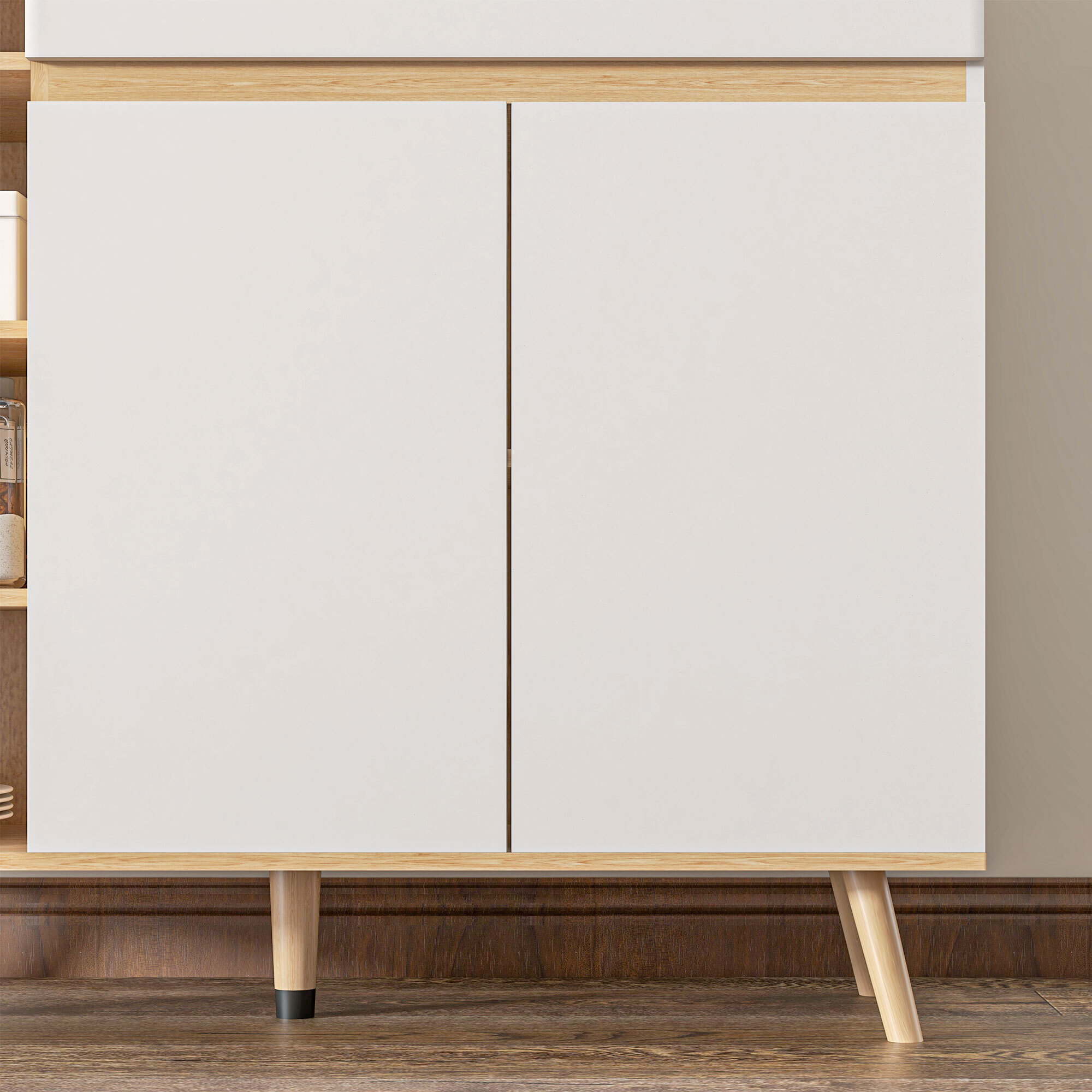 Buffet design scandinave 2 portes tiroir coulissant 4 niches piètement bois de pin panneaux blanc aspect chêne clair