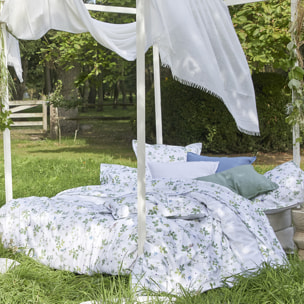 Drap plat imprimé en satin de coton bio, ENVOLEE, Blanc