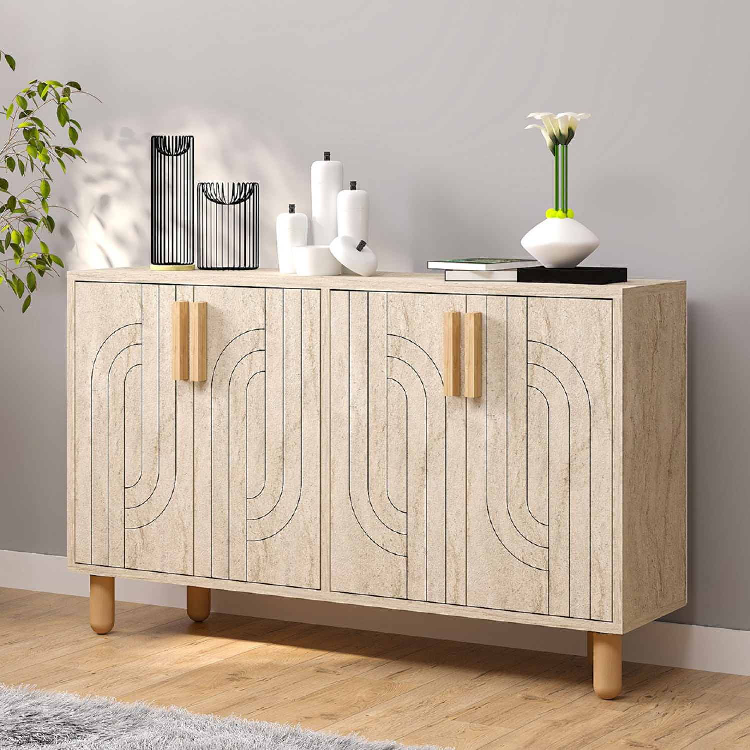 EMILE Buffet à 4 portes effet travertin nervuré 120x73cm