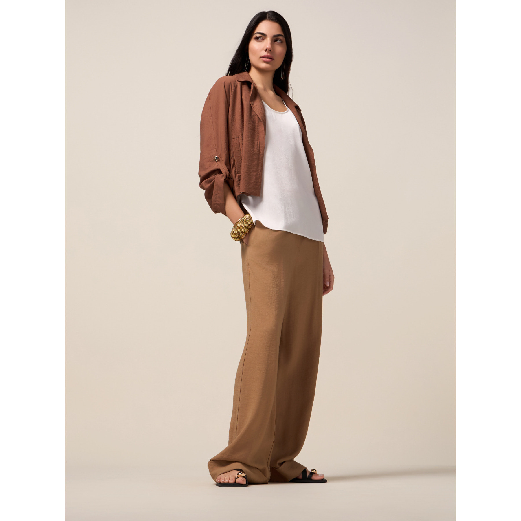 Oltre - Pantalones palazzo fluidos de mezcla de viscosa - Beige