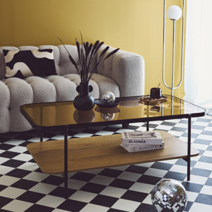 Table basse vintage en métal noir avec 2 plateaux (verre et décor bois). bords arrondis
