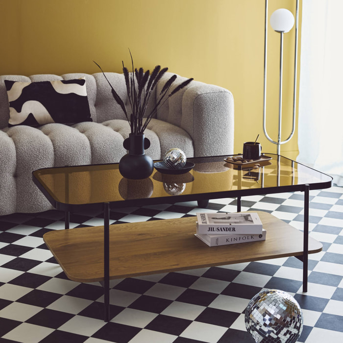 Table basse vintage en métal noir avec 2 plateaux (verre et décor bois). bords arrondis