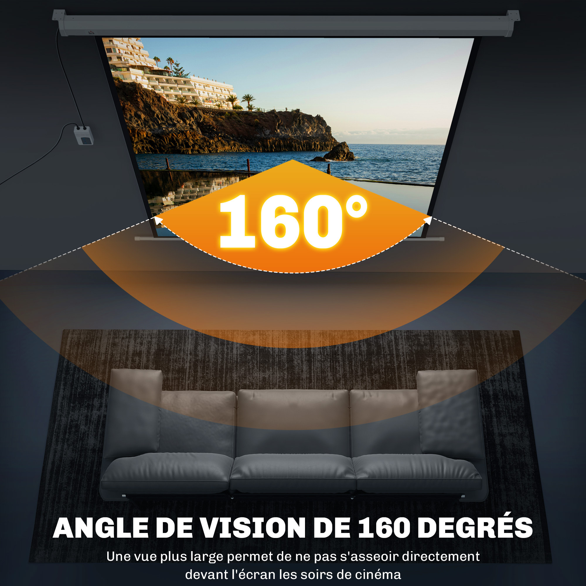 Écran de projection motorisé home-cinéma format 1:1 85 pouces 4K HD avec télécommande blanc noir