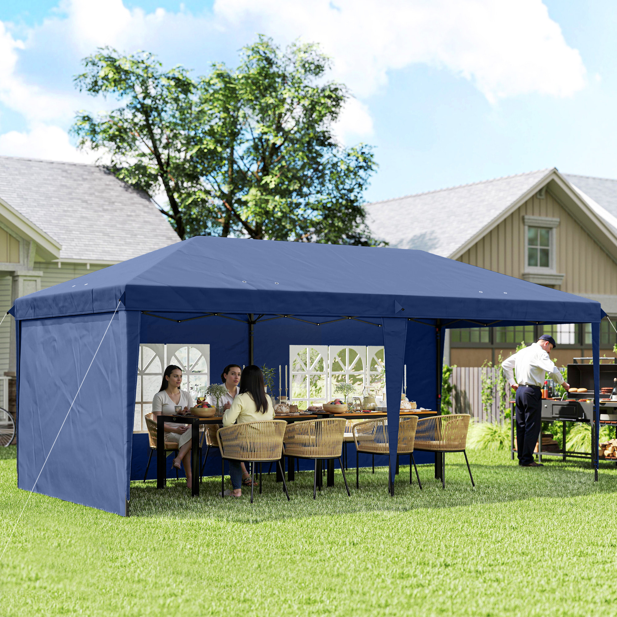 Carpa Plegable 6x3 m, Pop-up, con 4 Laterales Desmontables, Cenador de Jardín con 2 Ventanas Visibles, Bolsa de Transporte, Impermeable, Anti-UV, Gazebo para Camping, Fiestas, Exterior, Azul