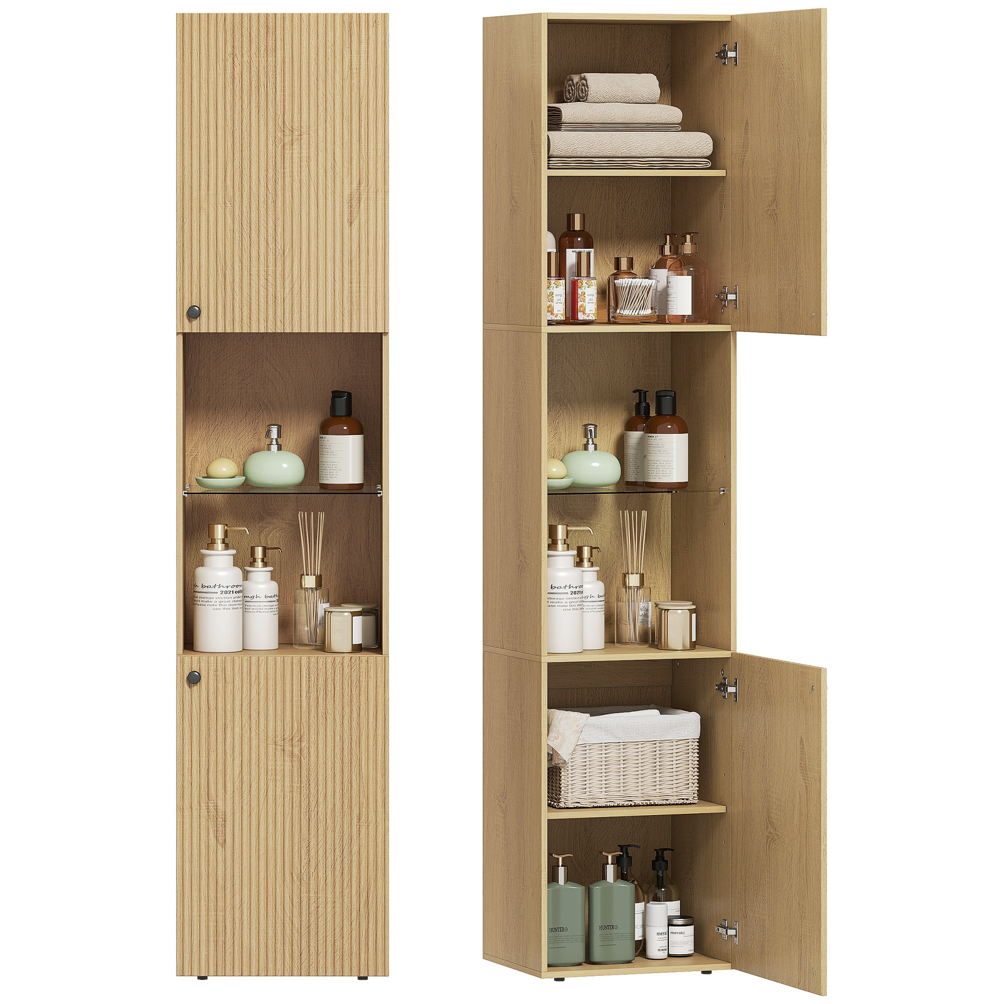 Armario de Baño Alto, Columna de Baño Estrecha de 6 Niveles con 2 Puertas, Estante de Vidrio Templado, Estantes Ajustables, 40x31x182 cm, Roble