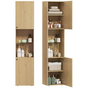Armario de Baño Alto, Columna de Baño Estrecha de 6 Niveles con 2 Puertas, Estante de Vidrio Templado, Estantes Ajustables, 40x31x182 cm, Roble