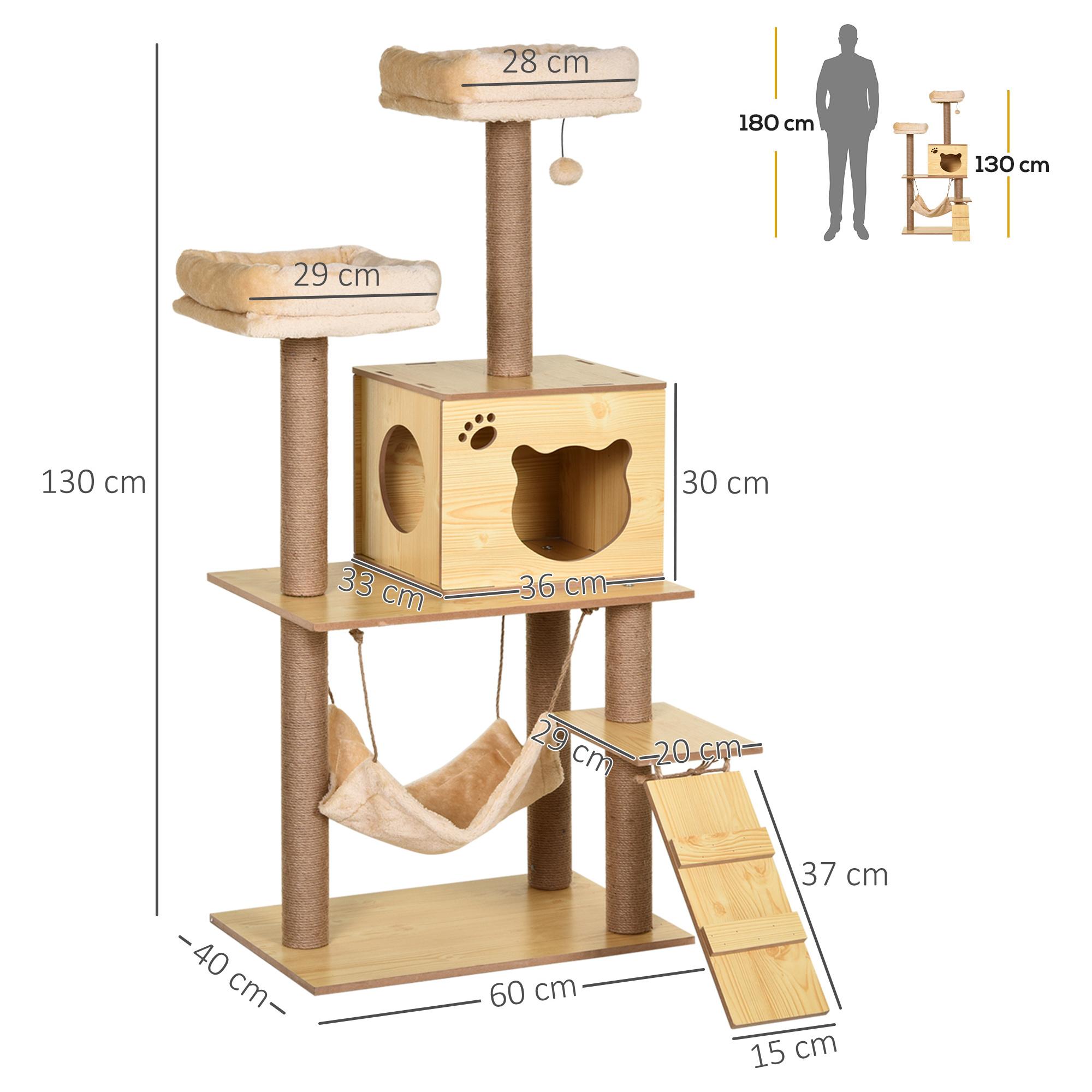 Árbol Rascador para Gatos Altura 130 cm Torre para Gatos con Postes Rascadores de Yute 2 Camas Hamaca Cueva Bola Colgante y Rampa 60x40x130 cm Natural