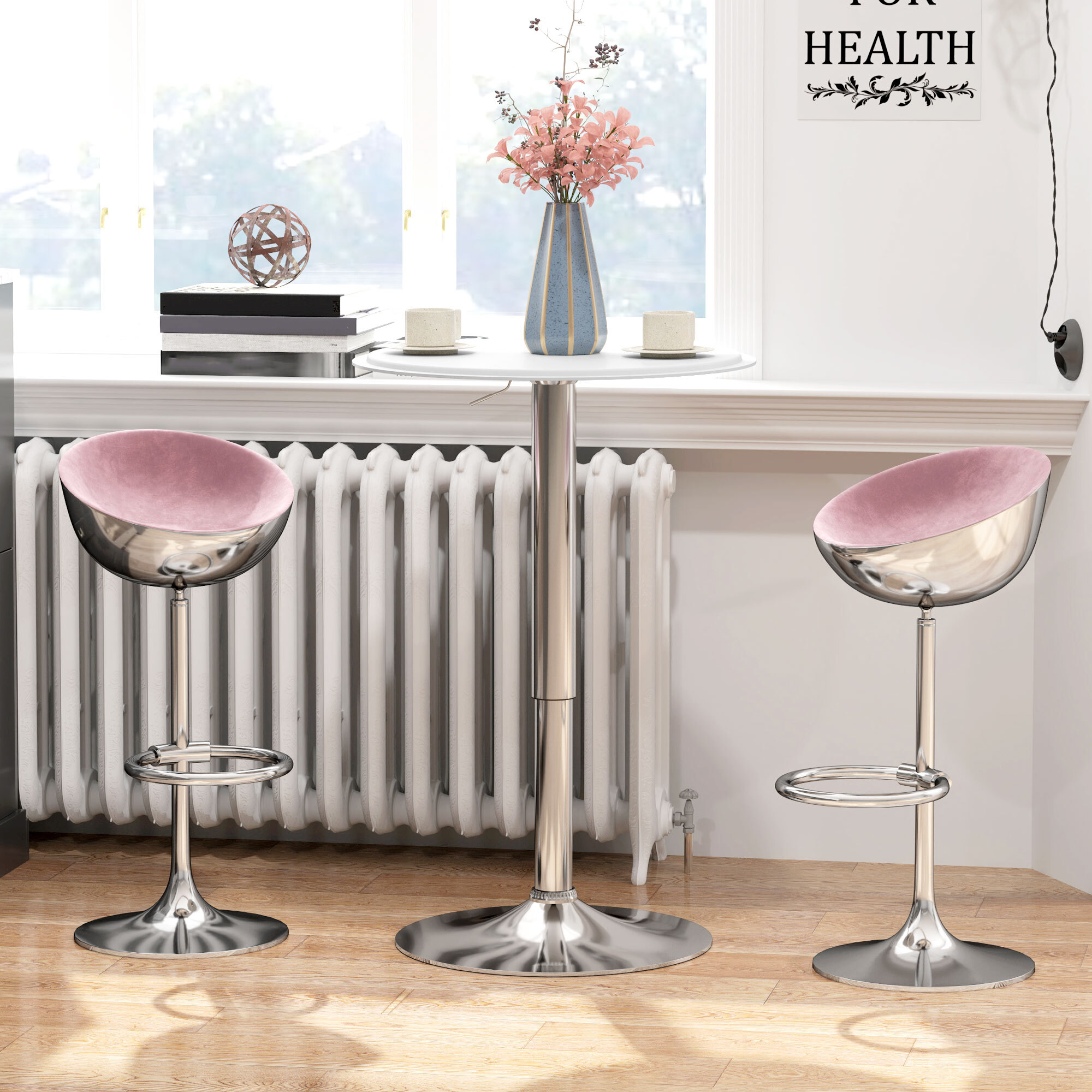 Mesa de Bar Redonda con Altura Ajustable 67-93 cm Mesa Alta de Bar con Tablero Ø63 cm Giratoria 360° con Base Redonda de Metal Cromado para Bistró Cocina Comedor Blanco