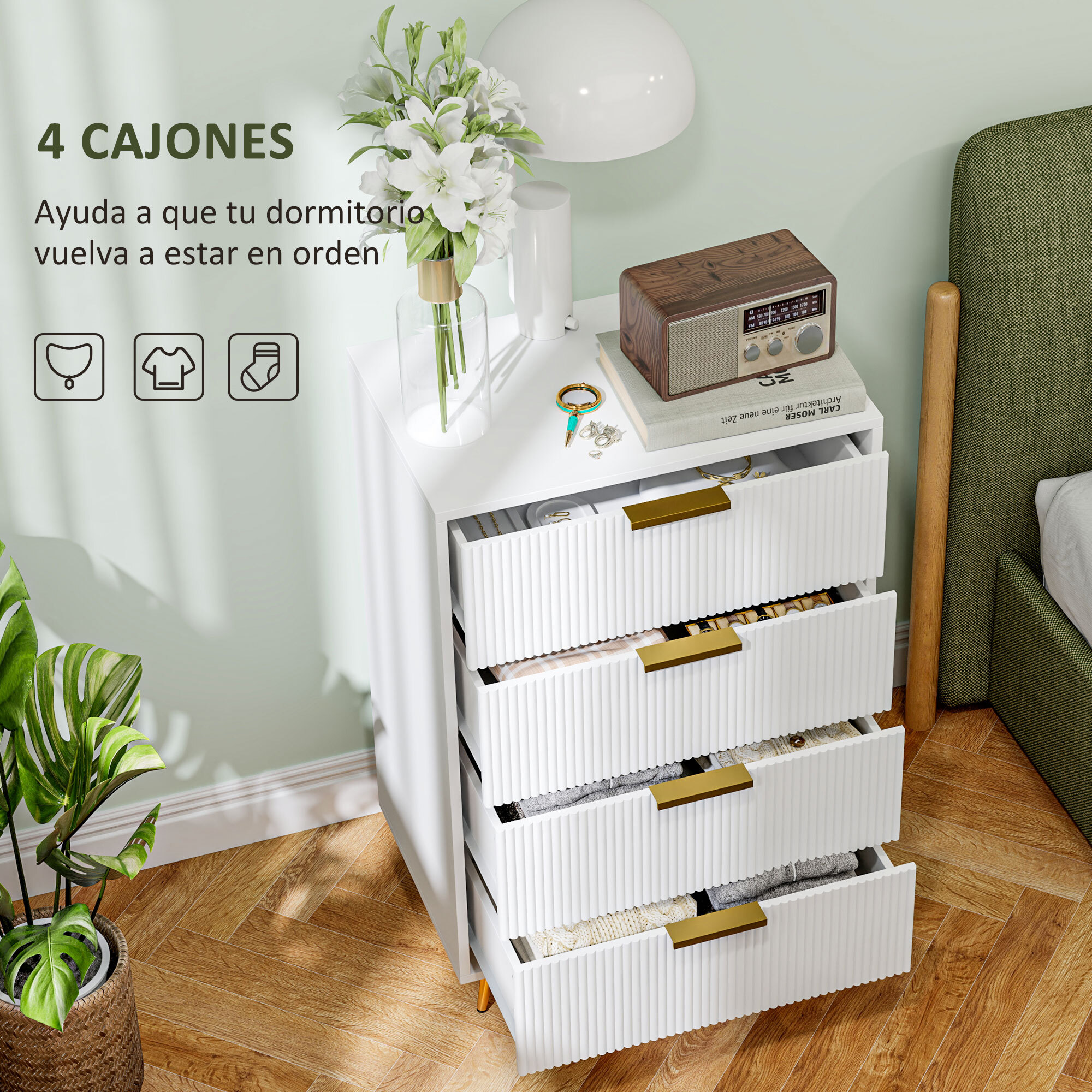Cómoda con 4 Cajones Cómoda de Dormitorio Moderno con Frentes con Diseño Ondulado Anti-vuelco Cajonera para Salón Pasillo 60x40x90 cm Blanco