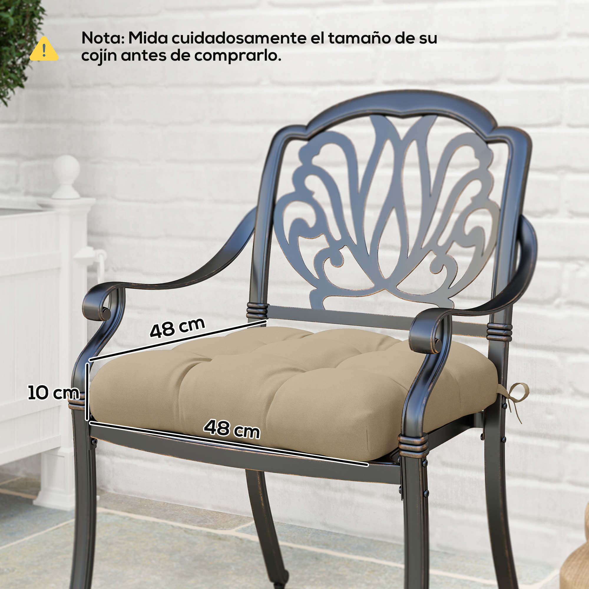 Conjunto de Cojines para Sillas de Comedor 48x48x10 cm Juego de 4 Piezas Cojines para Sillas de Jardín Impermeable y Anti-UV con 2 Cordones de Fijación Caqui