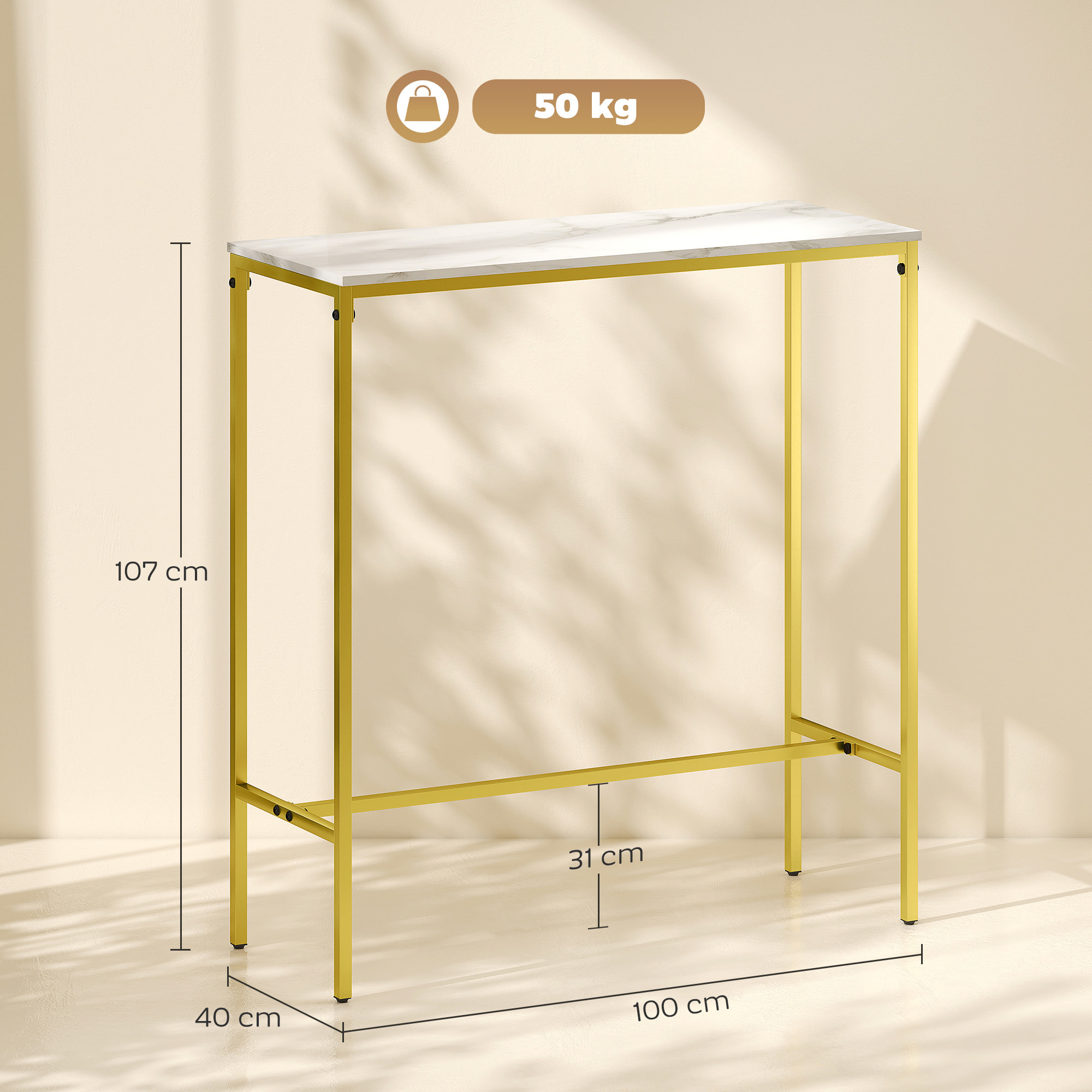 Table de bar mange-debout table haute dim. 100 x 40 x 107 cm acier doré plateau effet marbre blanc