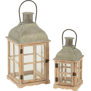 J-Line Set 2 Lanterne Maisons Bois De Sapin/Metal Naturel/Gris