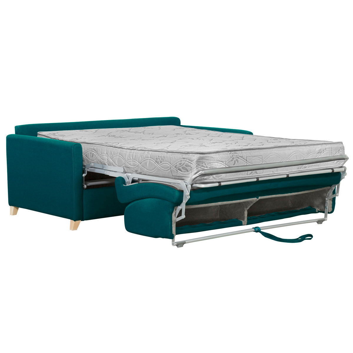 Canapé convertible 3 places en tissu bleu canard et bois clair avec matelas 18 cm SKANDY