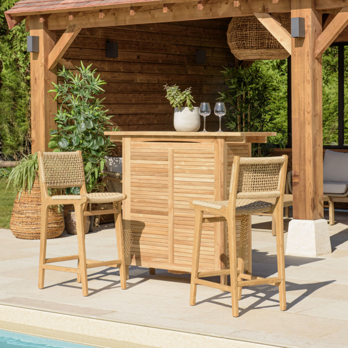 VALERIA - Lot de 2 tabourets bar de jardin teck rotin synthétique beige