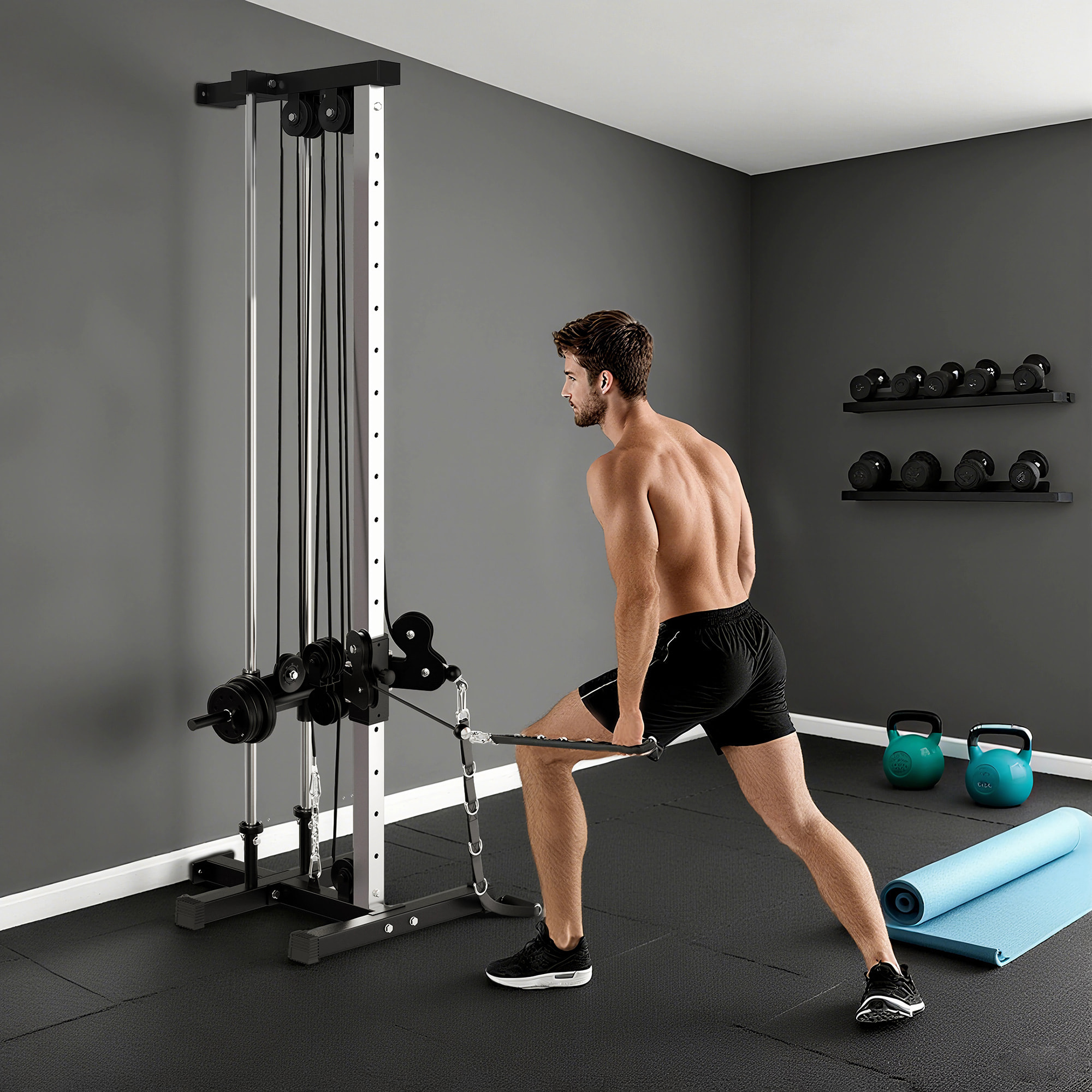 Máquina Polea Alta y Baja de Pared, de Doble Polea Ajustable en 15 Posiciones, Máquina de Musculación, Multifunción Lat Pulldown para Entrenamiento de Fitness en Gimnasio, Casa