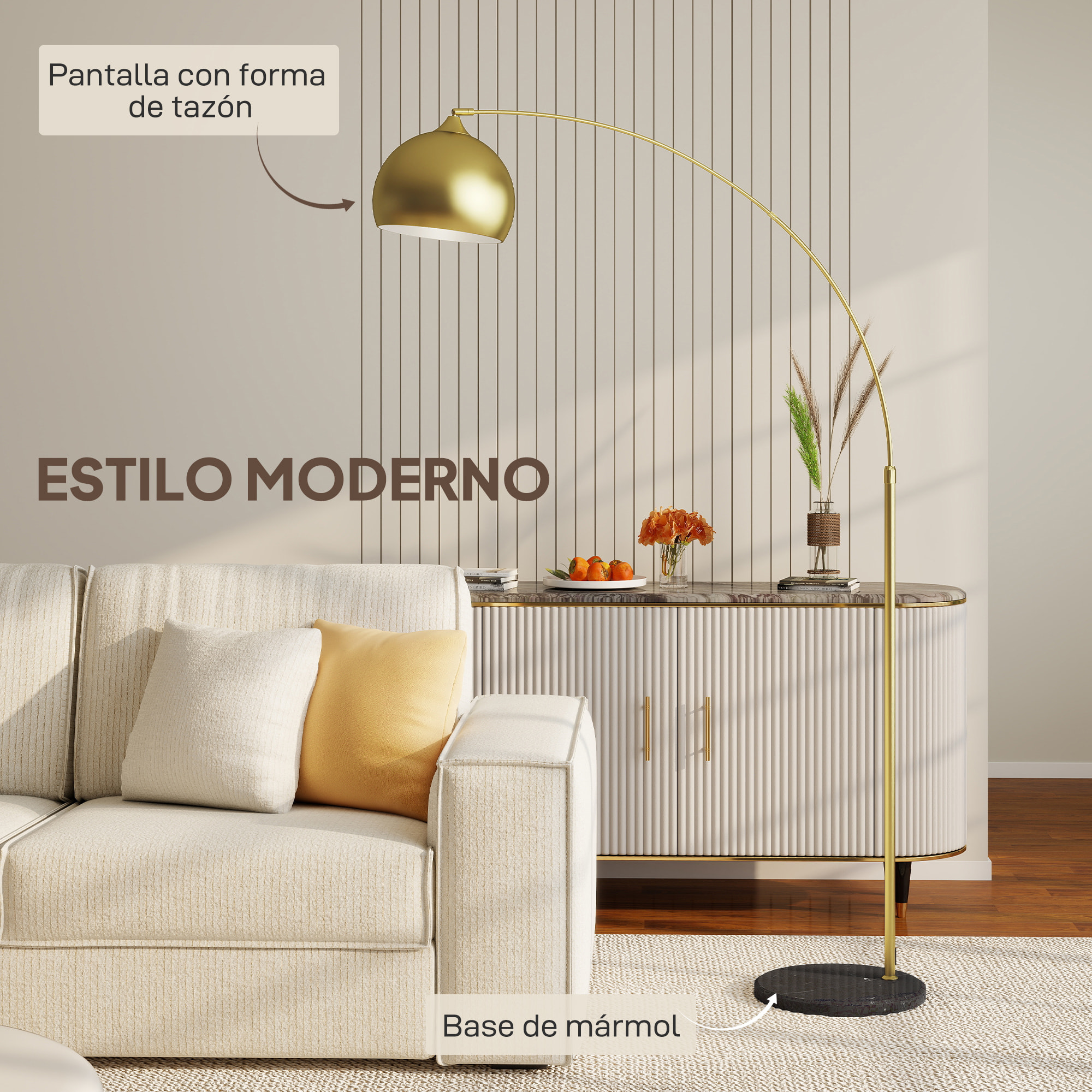 Lámpara de Pie Arco Moderna, Lámpara de Lectura de Pie 40 W para Bombilla E27 con Altura y Longitud Ajustable, Interruptor de Pie, para Salón, Dormitorio, Oficina, 110-115x35x170-180 cm, Dorado