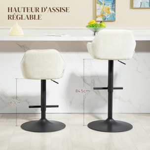 Lot de 2 tabourets de bar design effet capitonné - réglable, pivotant - acier noir mat tissu effet lin crème