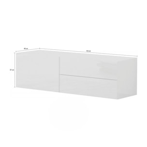 Mobile da soggiorno Porta TV, Made in Italy, Supporto per TV da salotto a 1 anta e 2 cassetti, cm 110x40h35, colore Bianco lucido