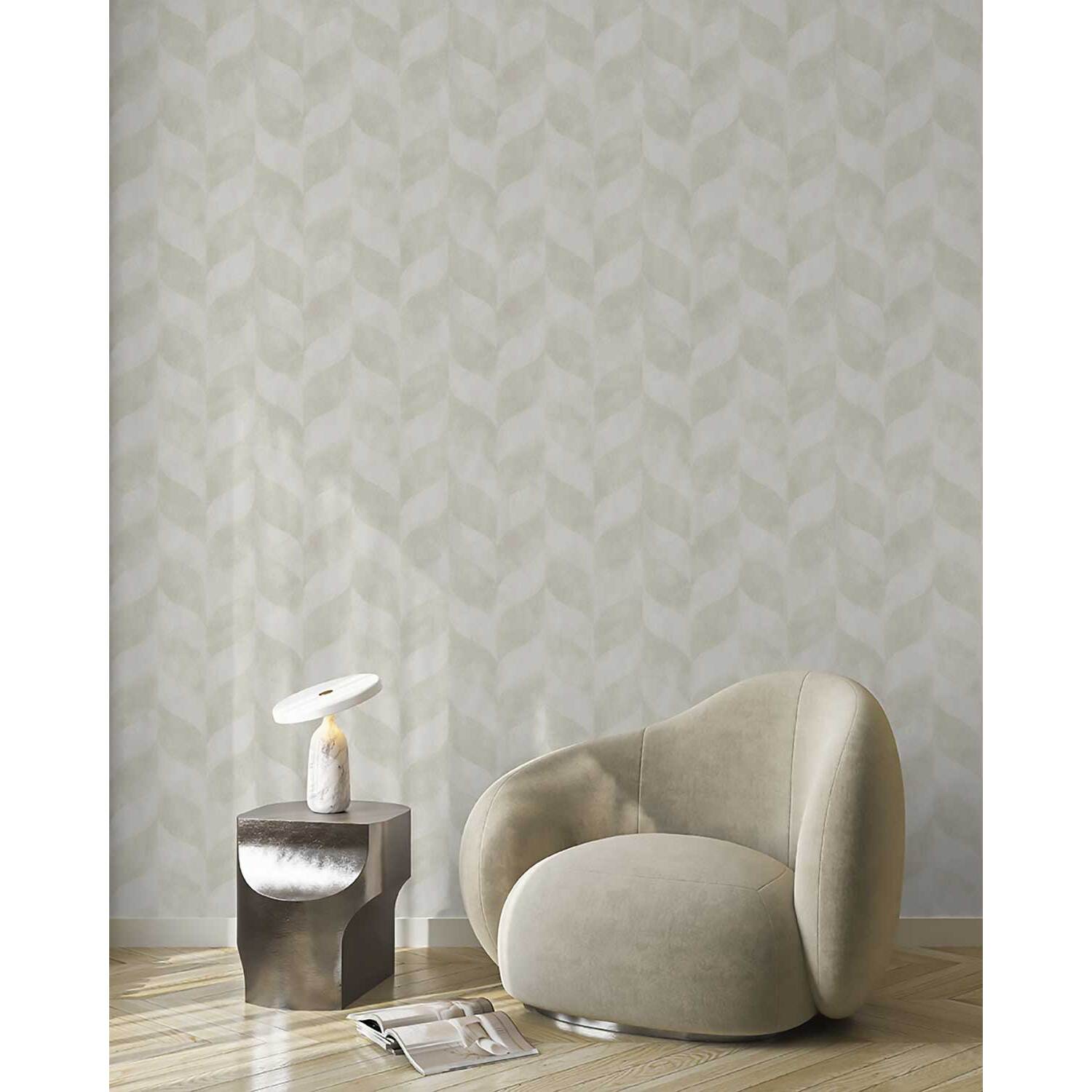 Papier peint géométrique feuilles beige lin