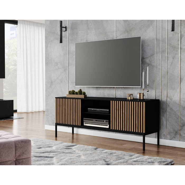 Savanna - meuble TV - effet bois et noir - 2 portes et 2 niches - 150 cm - Noir / Bois