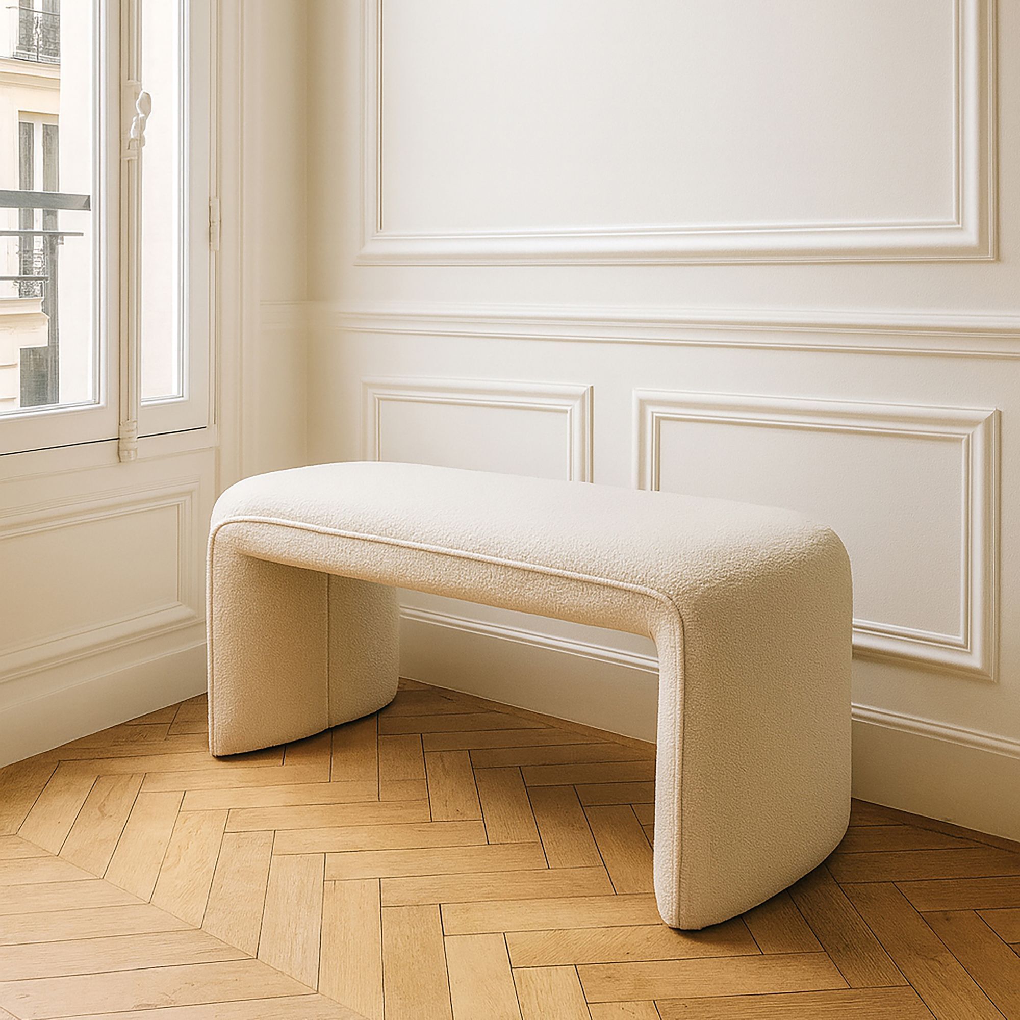 Banc en tissu bouclette beige et structure en bois MALO